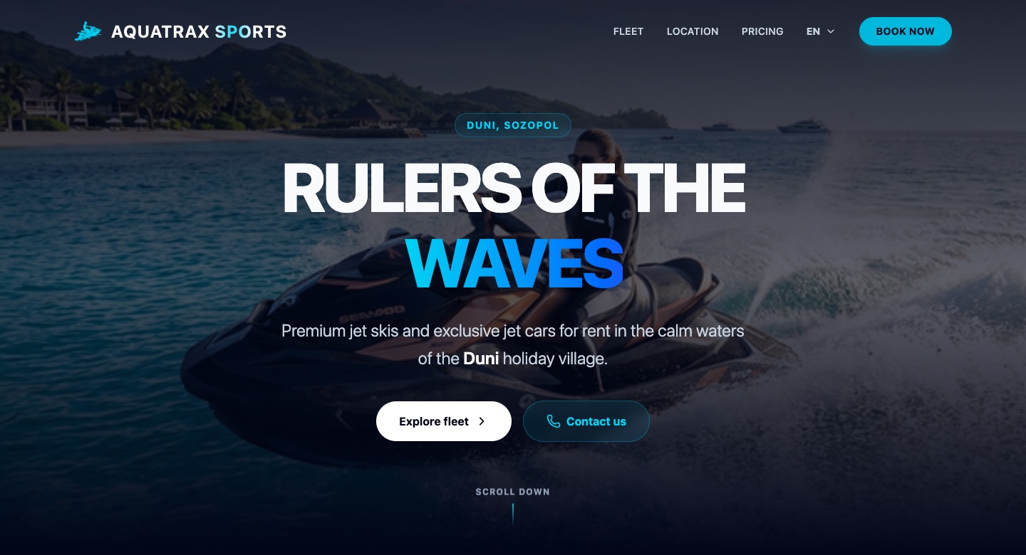 AquaTrax Sports website homepage in English: Rulers of the waves, jet ski and jet car rental in Duni, Sozopol