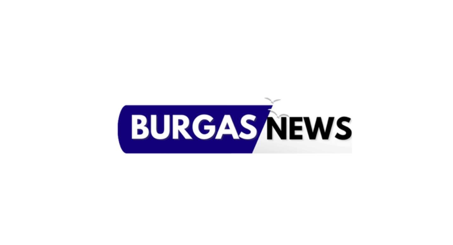 Лого на Burgas News: BURGAS в бяло върху тъмносин блок, NEWS в черно и две чайки