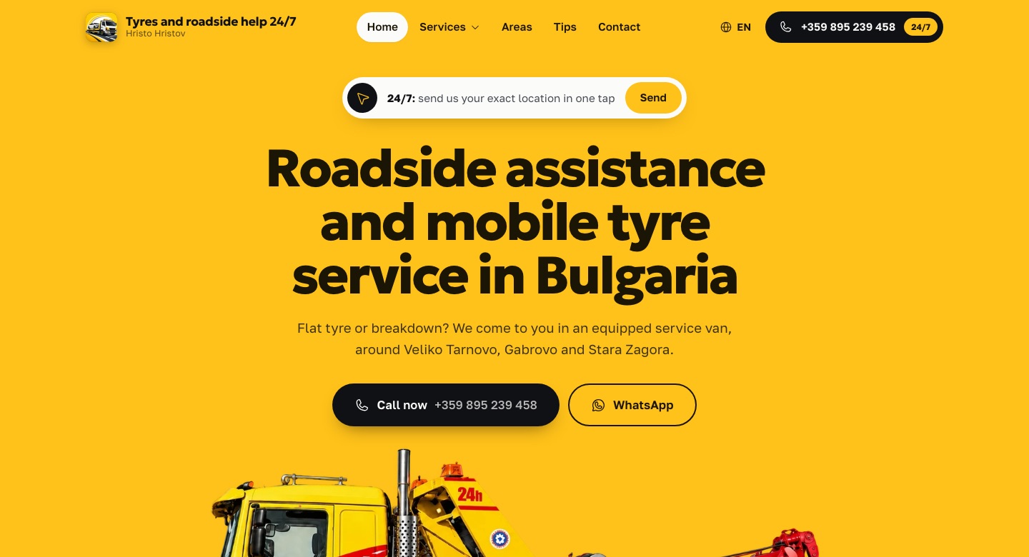 Hristo Hristov website homepage: roadside assistance and mobile tyre service 24/7 in Bulgaria, with a yellow tow truck